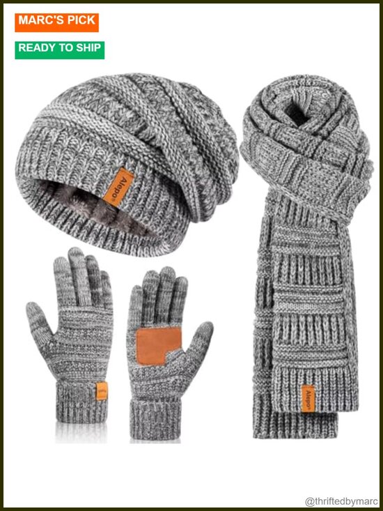 Winter Beanie Hat Scarf Gloves Set, Slouchy Beanie, Touchscreen Gloves, Warm 3 main image 4